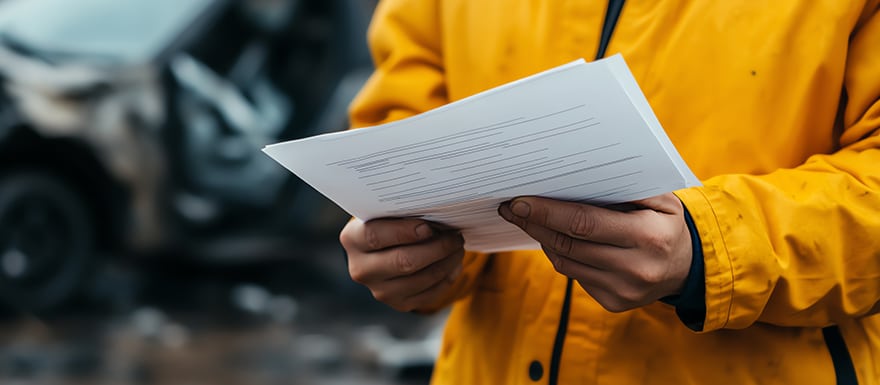 Car Crash settlement - Insurance paperwork being reviewed while inspecting damaged car